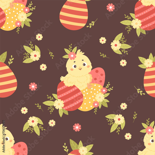 Seamless pattern cute chick with Easter egg on brown background with flowers. Vector illustration for paschal design, wallpaper, packaging, textile. Kids collection