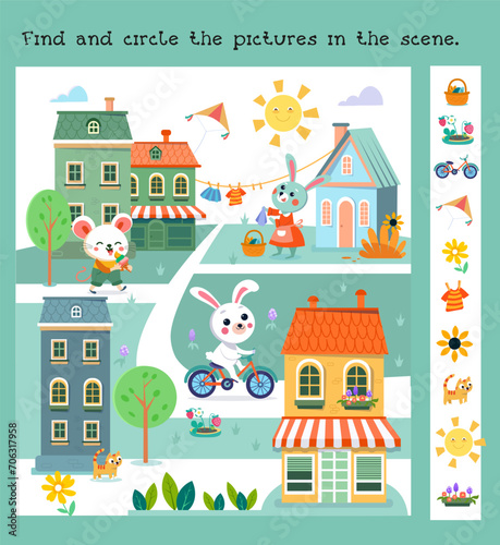 Find hidden objects in picture. Educational puzzle game for kids. Cute cartoon stylised mice and bunnies in city. Scene for children's books on white background. Vector illustration. 