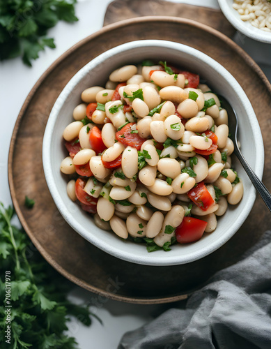 A bowl of delicious Mediterranean White Bean Salad of top view.