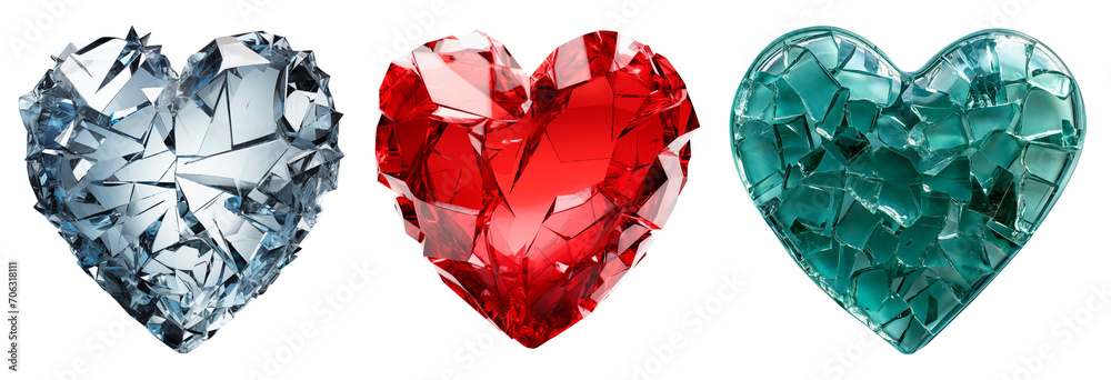 Fototapeta premium Set of multi-colored hearts. Broken heart. Glass heart in cracks. Isolated on a transparent background.