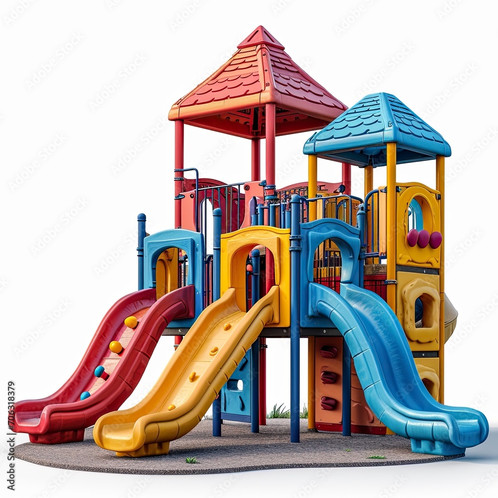 Colorful Playground On Yard Park, White Background, Illustrations Images
