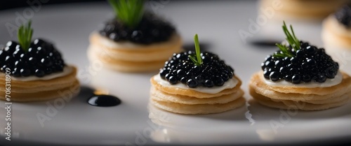A sophisticated serving of premium caviar, presented with traditional accompaniments of blini photo