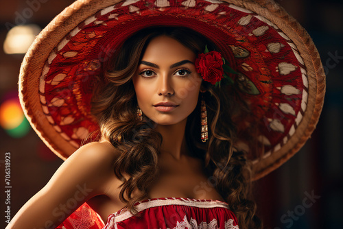 Portrait made with generative AI of young gorgeous mexican lady wear traditional sombrero hat