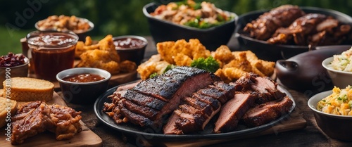 An elongated view of a barbecue feast with ribs, brisket, pulled pork, and a variety of sides 