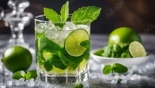 A freshly made mint mojito, its bright green mint leaves and lime slices standing out against 