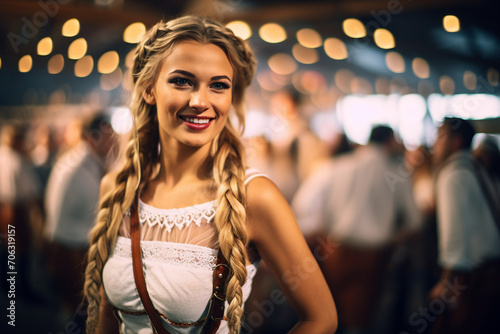 AI generated picture of a woman wearing traditional bavarian costume celebrating beer octoberfest