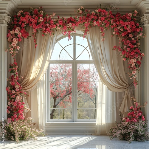 Curtains Cherry Color Shadows Room Flowers, White Background, Illustrations Images