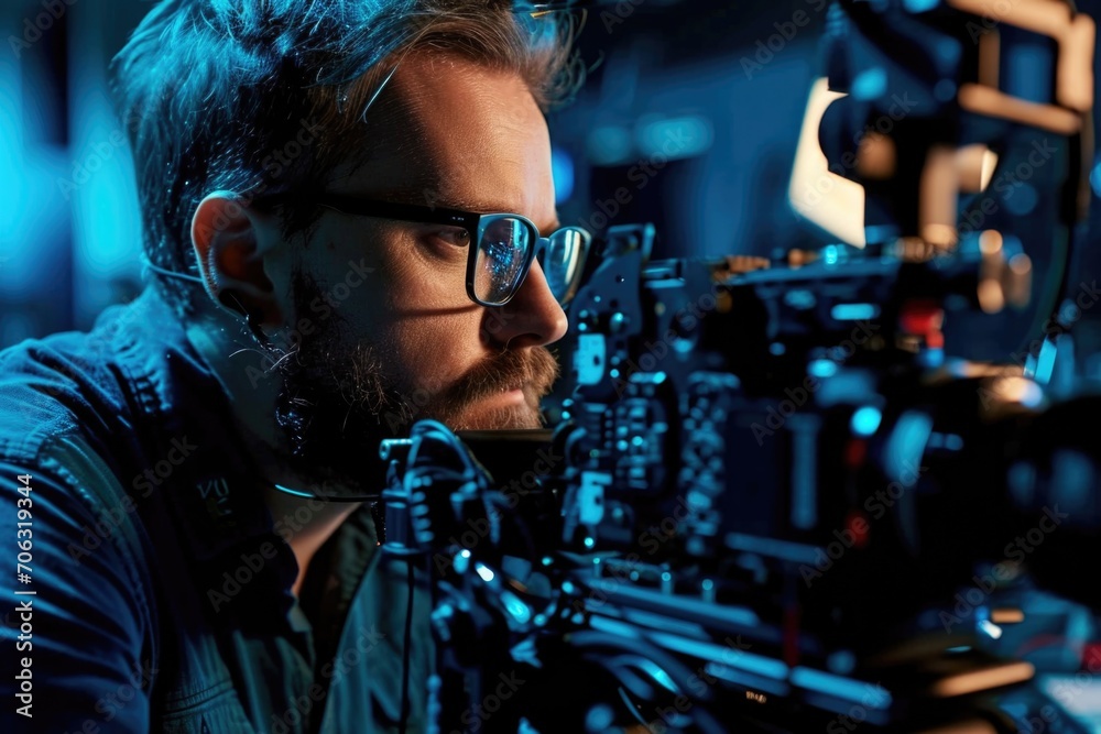 A man with glasses looking directly at the camera. Suitable for business, technology, and communication concepts