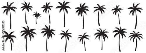 Black palm tree set vector illustration isolated on white background silhouette art black white stock illustration logo icon png. tropical, beach, landscape, pattern, paradise, coconut background