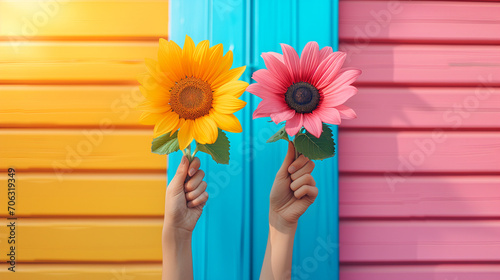 Two human hands each holding a large, vividly colored flower against a colorful striped backgroun. Vibrant Floral Display.