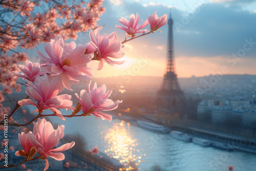 Typical Parisian postcard view of pink magnolia flowers in full bloom on a backdrop of French cityscape. Early spring in Paris, France. photo