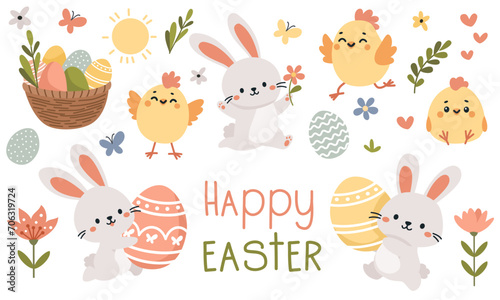 Set of flat vector illustrations for Easter day. Cute Easter bunnies, chickens, egg basket, Easter eggs, flowers and butterflies. Happy Easter inscription . Vector illustration photo
