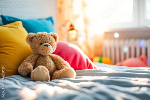 Cute teddy bear sitting on a bed in child's room. Soft stuffed animal surrounded with colorful pillows in children's cozy space.
