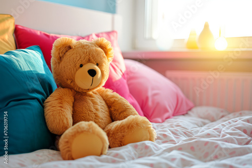 Cute teddy bear sitting on a bed in child's room. Soft stuffed animal surrounded with colorful pillows in children's cozy space.
