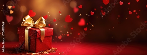 Red gift with golden satin ribbon and a bow on red shimmering background with hearts in the air banner or poster © NickArt
