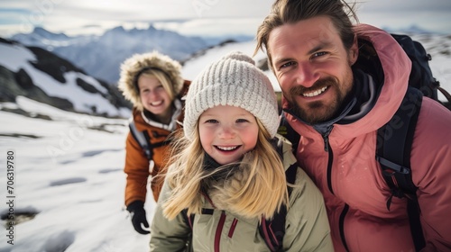 Smiling family in sunny snowy mountains actively hiking in winter
