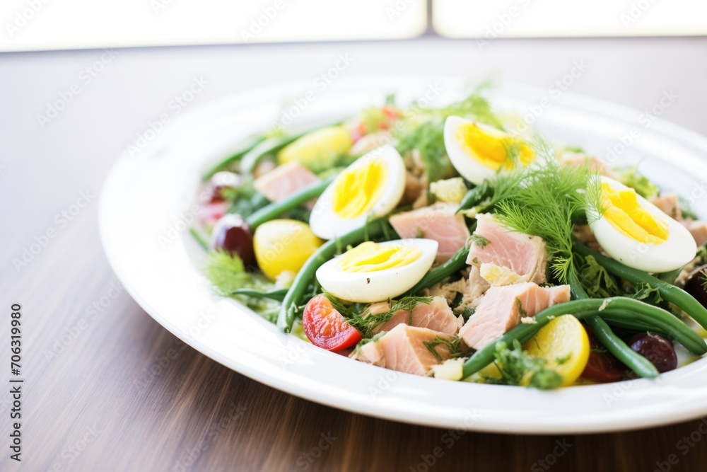 brightly lit nicoise salad with gleaming olive oil dressing drizzle brightly lit nicoise salad with gleaming olive oil dressing drizzle