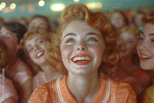 Portrait of smiling young woman in american diner cafe of 1950s years photo