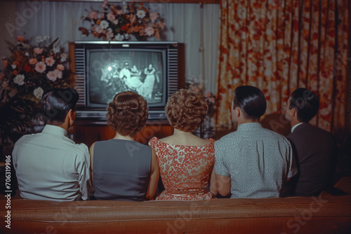 Friends Watching Vintage Films in a 1950s Living Room Setup