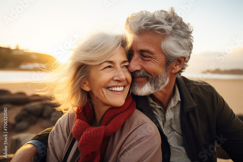 AI generated picture image of two happy people wife and husband at evening enjoying sunset romantic moment