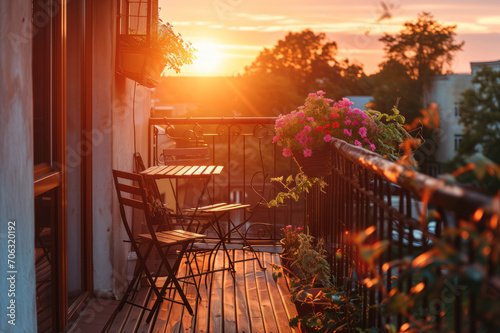 Cozy balcony or small terrace with simple folding furniture  blossoming plants in flower pots and light bulbs. Charming sunny evening in summer city.