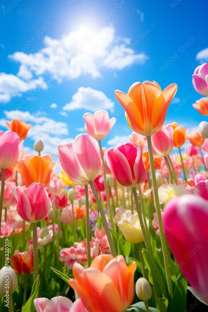 A meadow full of tulips, sun is shining on it, Front view, large blue sky takes a lot of space Generative AI A meadow full of tulips, sun is shining on it, Front view, large blue sky takes a lot of space Generative AI