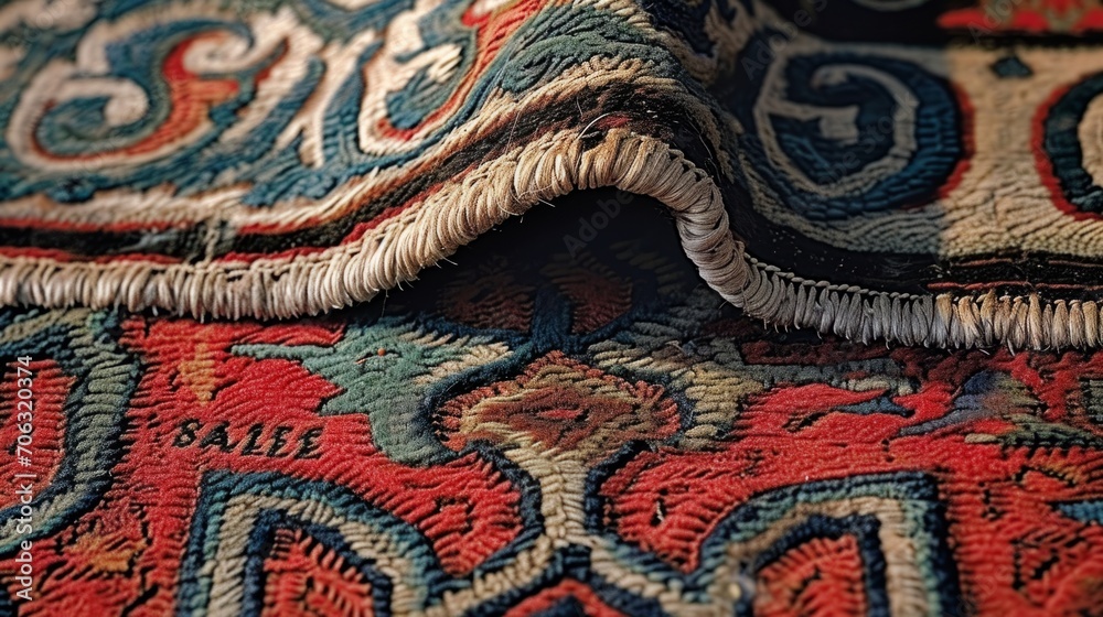 Beautiful carpet with a pattern. Closeup handicraft cotton handmade traditional floor rug