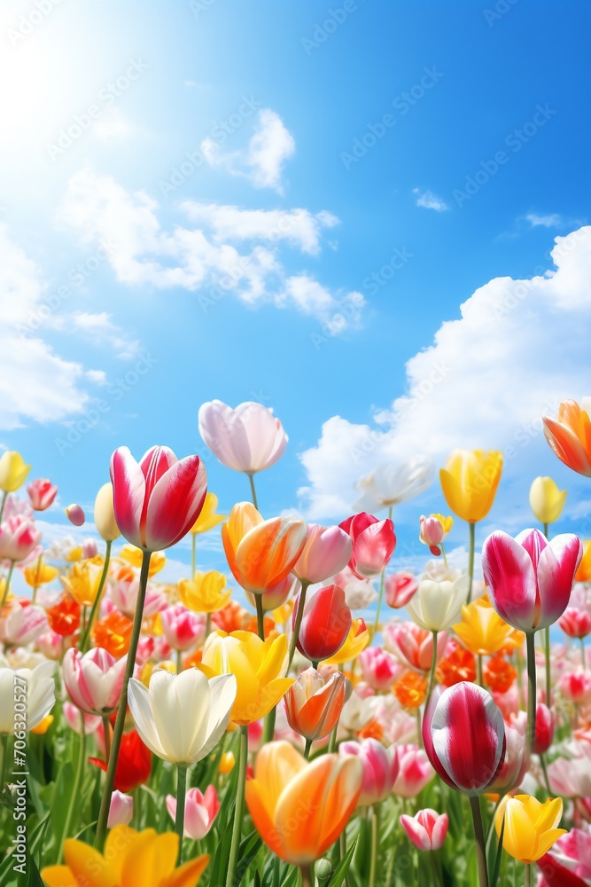 A meadow full of tulips, sun is shining on it, Front view, large blue sky takes a lot of space Generative AI