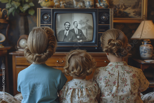 Children dressed in vintage 1950s clothes watching old black and white television at home in retro interior
