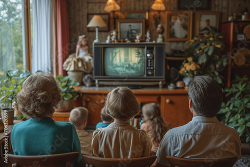 Children dressed in vintage 1950s clothes watching old black and white television at home in retro interior