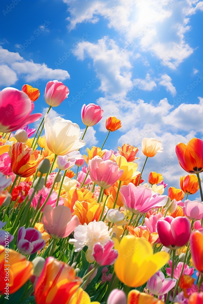 A meadow full of tulips, sun is shining on it, Front view, large blue sky takes a lot of space Generative AI