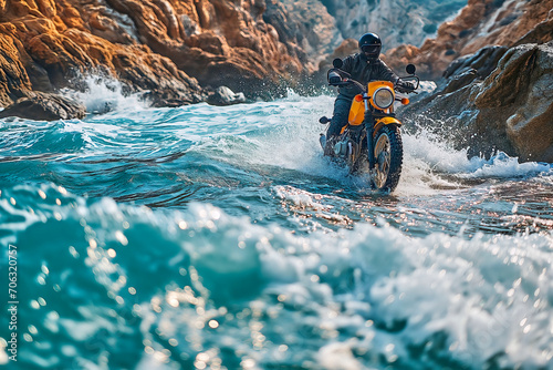 Yellow Off-Road Motorcycle Riding Through Sunlit  Rushing  Gurgling  and Foaming River
