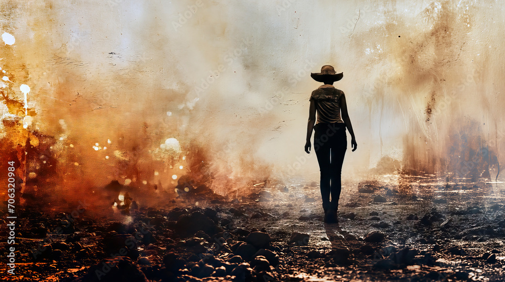 Obraz premium Abstract Surreal Image Featuring the Dark Rear View of a Woman in Wide-Brimmed Hat Against a Stained Wall on Stony Dirty Ground