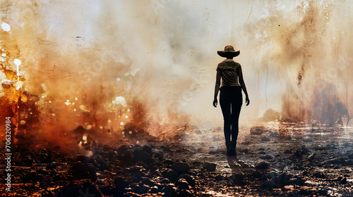 Abstract Surreal Image Featuring the Dark Rear View of a Woman in Wide-Brimmed Hat Against a Stained Wall on Stony Dirty Ground