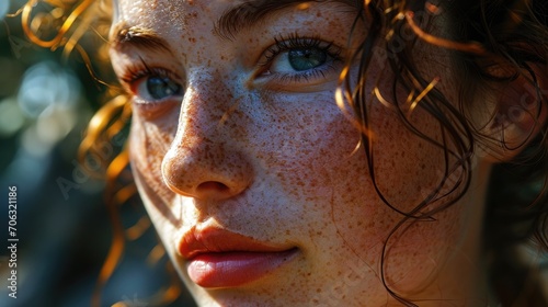 Woman with red hair, beautiful face and freckles