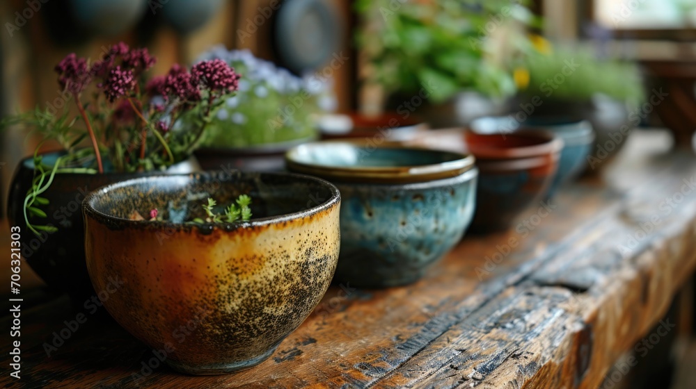 Colorful ceramic bowls filled with plants arranged on a rustic wooden table in a cozy indoor setting during daylight Colorful ceramic bowls filled with plants arranged on a rustic wooden table in a cozy indoor setting during daylight