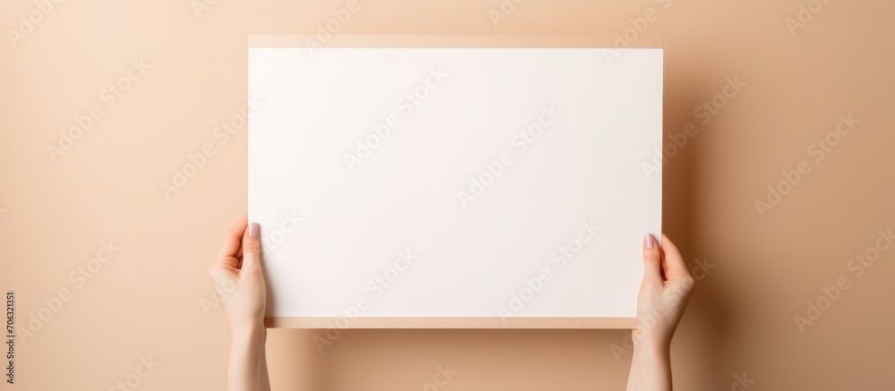 Female hands hold an empty frame as a mockup for design, hanging it on the wall. Female hands hold an empty frame as a mockup for design, hanging it on the wall.