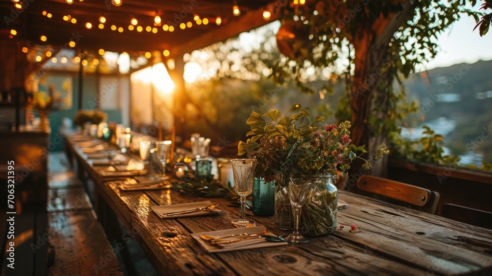 Fototapeta premium Beautiful outdoor dining setup during sunset with glowing lights and natural decor in a serene location