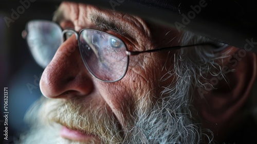 A close-up photograph of a man wearing glasses and a hat. This image can be used for various purposes