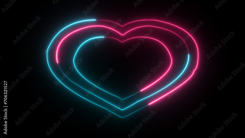 Glowing love icon. Neon 3d heart shape on black background. Love emotion Valentine's Day celebration. Romantic silhouette, love target, passion. Icon , sign, symbol and vector illustration.