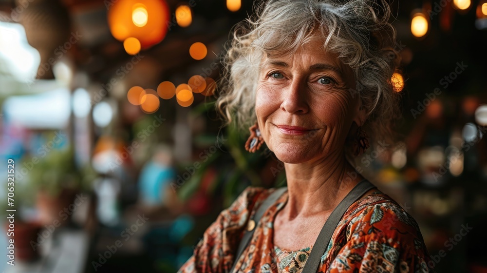 Smiling woman with gray hair and curly locks poses confidently in a vibrant outdoor market setting during late afternoon Smiling woman with gray hair and curly locks poses confidently in a vibrant outdoor market setting during late afternoon