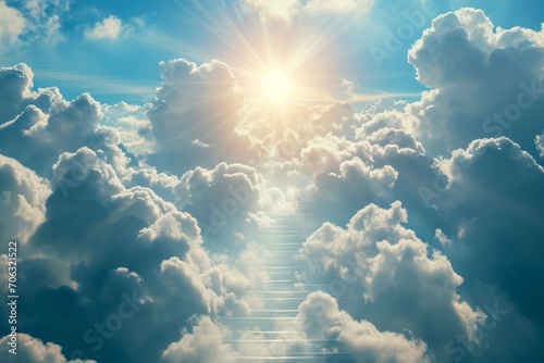 Stairway to heaven with sunlight and clouds.