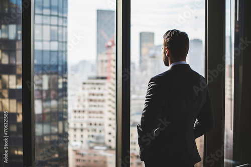 Business man in suit in office looking at modern city with skyscrapers through panoramic window photo