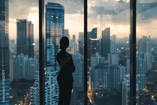 Business woman in suit in office looking at modern city with skyscrapers through panoramic window, sunset