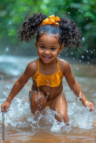 African American girl with curly pigtails tied by vibrantribbons. She showcases big bright eyes and pure happiness asshe dances in the rain. © yevgeniya131988
