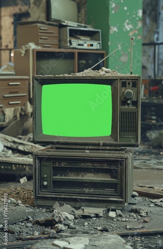 a retro crt TV set with a green screen inside an abandoned room full of debris