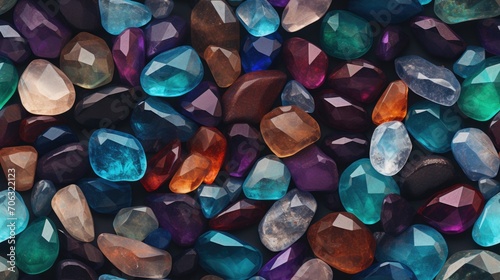 Many multicolored gemstone seamless pattern. Repeated background of minerals.