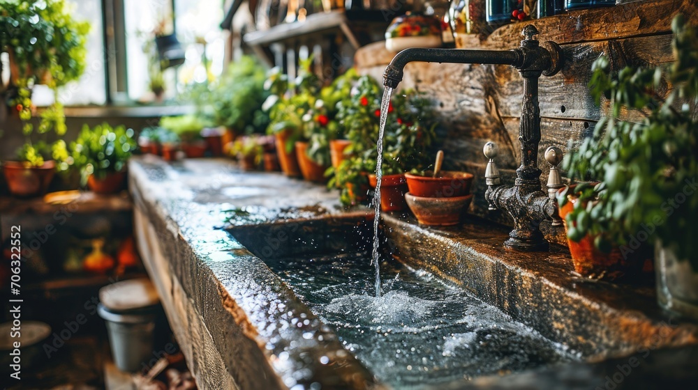 Rustic sink with flowing water surrounded by vibrant potted plants in a cozy garden setting during midday