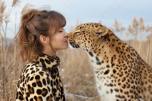 minimalism, a woman in a leopard print suit stands next to a leopard photo