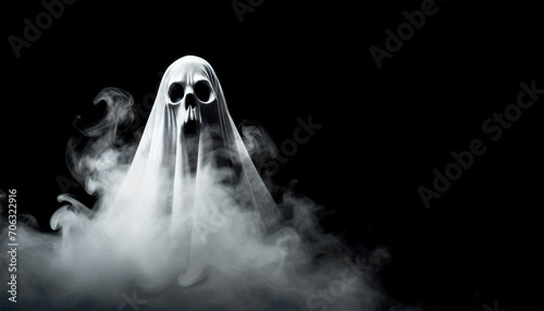 Closeup of a scary white ghost with smoke and white sheet on a black background with copy space. Generative Ai. photo